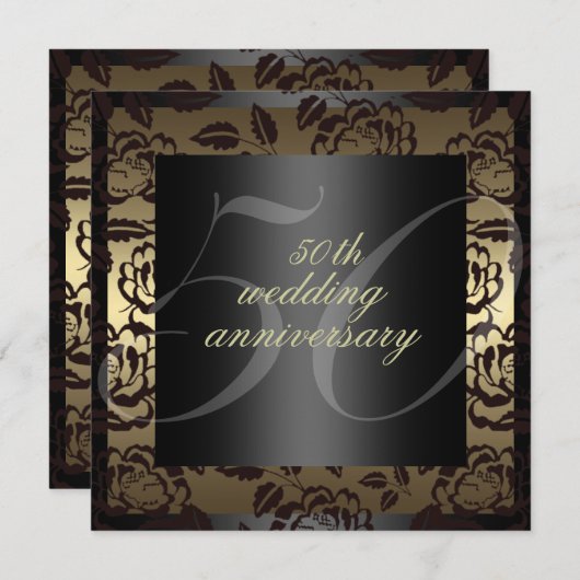 Black & Gold Roos 50ste trouwdag Uitnodiging (Voorkant / Achterkant)