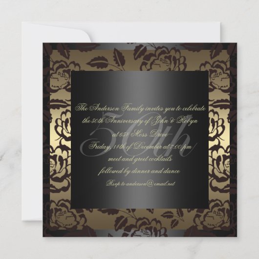 Black & Gold Roos 50ste trouwdag Uitnodiging (Achterkant)