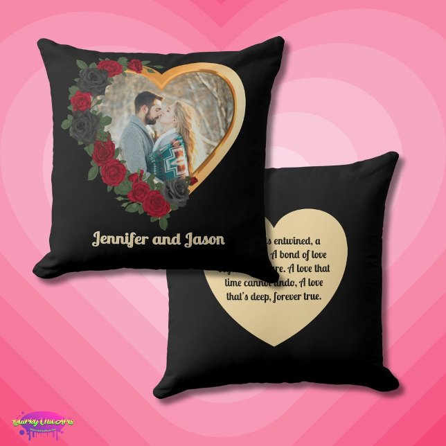 Black & Gold Roses, Gold Heart Photo Frame Kussen (Creator heeft geüpload)