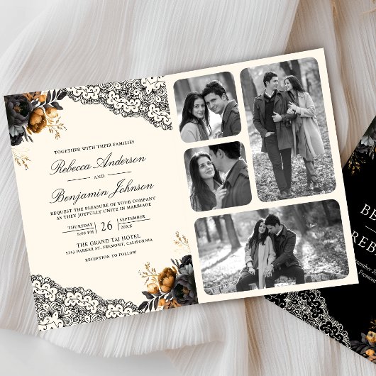 Black Gold Roses Lace Cream Gothic QR Code Wedding