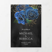 Black Gold Royal Blue Floral Photo Collage Wedding Drieluik Uitnodiging (Cover)