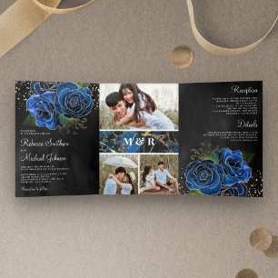 Black Gold Royal Blue Floral Photo Collage Wedding Drieluik Uitnodiging
