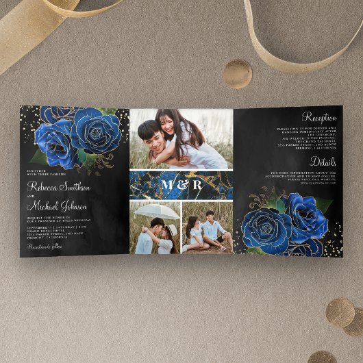 Black Gold Royal Blue Floral Photo Collage Wedding Drieluik Uitnodiging