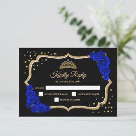 Black Gold Royal Blue Quinceanera RSVP Kaartje