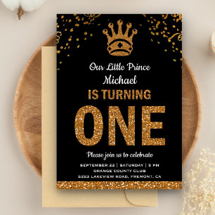 Black Gold Royal Prince First Birthday Invitation Kaart
