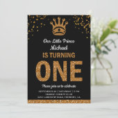 Black Gold Royal Prince First Birthday Invitation Kaart (Staand voorkant)