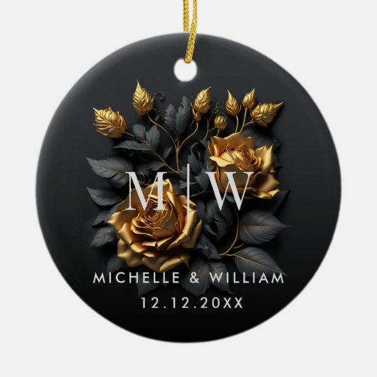 Black Gold Rozen Gothic Monogram Weddenschap Keramisch Ornament (Voorkant)