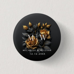 Black Gold Rozen Gothic Monogram Weddenschap Ronde Button 3,2 Cm