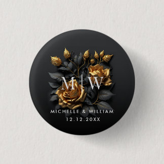 Black Gold Rozen Gothic Monogram Weddenschap Ronde Button 3,2 Cm