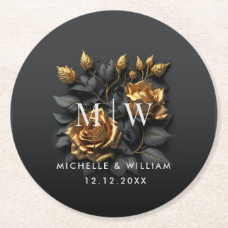 Black Gold Rozen Gothic Monogram Weddenschap Ronde Kartonnen Onderzetter