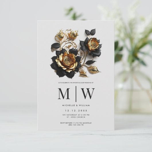 Black Gold Rozen Gothic Wedding Kaart (Staand voorkant)