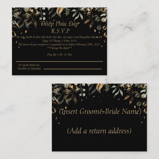 Black/Gold RSVP-bruiloft (Engels/Vietnamees) Notitiekaartje (Voorkant / Achterkant)