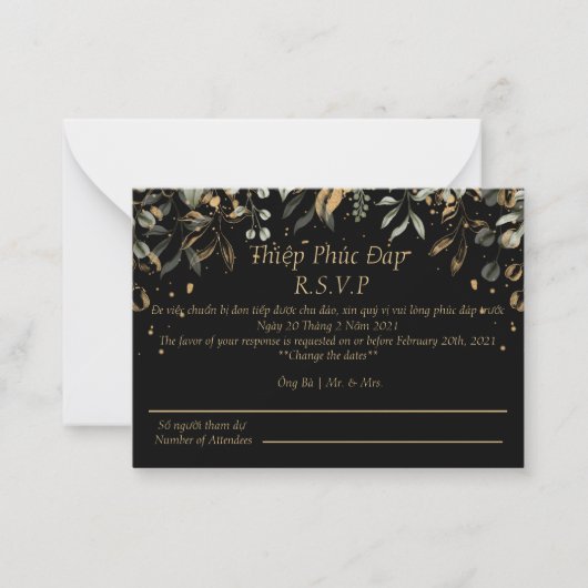 Black/Gold RSVP-bruiloft (Engels/Vietnamees) Notitiekaartje (Voorkant)