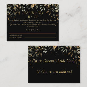Black/Gold RSVP-bruiloft (Engels/Vietnamees) Notitiekaartje