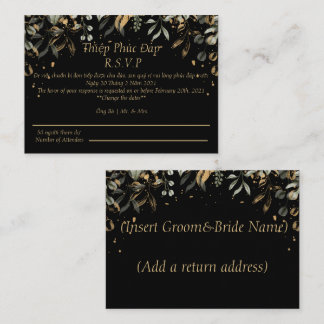 Black/Gold RSVP-bruiloft (Engels/Vietnamees) Notitiekaartje