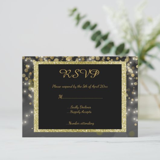 Black Gold Rsvp-reactiekaart bruiloft RSVP Kaartje (Staand voorkant)