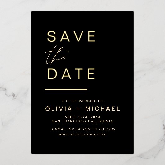 Black Gold Save the Date Elegant Photo Minimalist Folie Uitnodiging (Voorkant)
