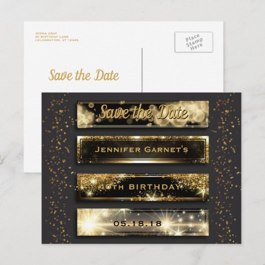 Black Gold Save the Date Elegant Verjaardagsfeest Aankondigingskaart (Voorkant / Achterkant)