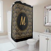 Black Gold Scallop Pattern Art Deco Monogram Douchegordijn (In situ)