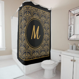 Black Gold Scallop Pattern Art Deco Monogram Douchegordijn
