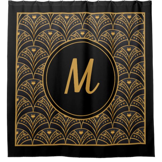 Black Gold Scallop Pattern Art Deco Monogram Douchegordijn (Voorkant)