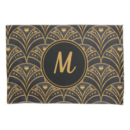 Black Gold Scallop Pattern Art Deco Monogram Kussensloop