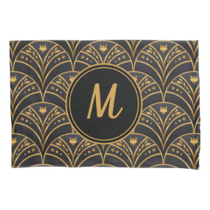 Black Gold Scallop Pattern Art Deco Monogram Kussensloop