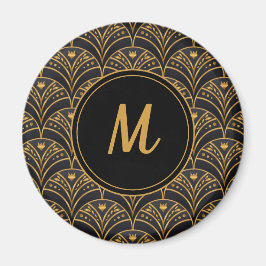 Black Gold Scallop Pattern Art Deco Monogram Magneet