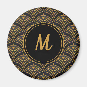 Black Gold Scallop Pattern Art Deco Monogram Magneet