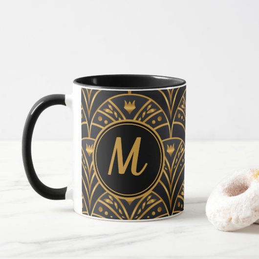 Black Gold Scallop Pattern Art Deco Monogram Mok (Met donut)