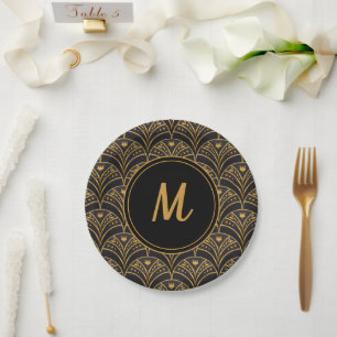 Black Gold Scallop Pattern Art Deco Monogram Papieren Bordje