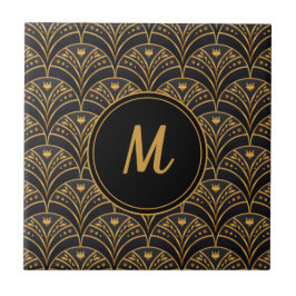 Black Gold Scallop Pattern Art Deco Monogram Tegeltje