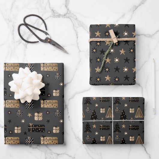 Black Gold Scandinavian Kerstmis op Black Inpakpapier Vel (Voorkant)