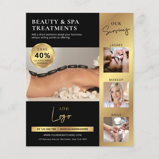 Black & Gold schoonheidssalon Spa Logo Marketing Flyer (Voorkant)