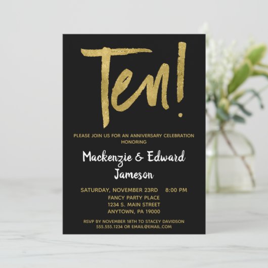 Black Gold Script 10th Jubileum-uitnodiging Kaart (Staand voorkant)