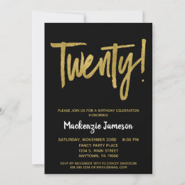 Black Gold Script 20th Birthday Party Invitation Kaart