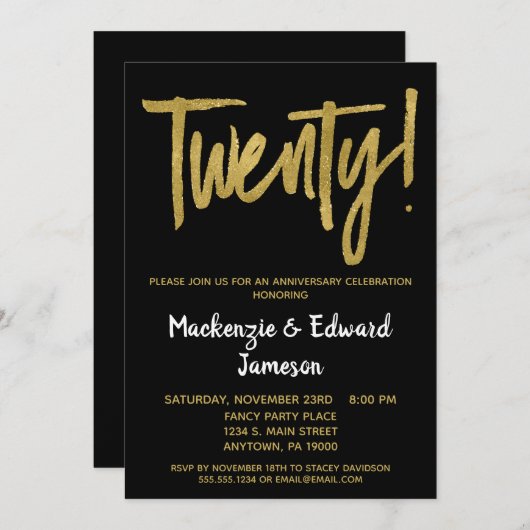 Black Gold Script 20th Jubileum-uitnodiging Kaart (Voorkant / Achterkant)