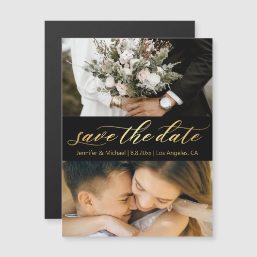 black gold script 2 photos save the date magnet (Voorkant / Achterkant)