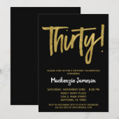 Black Gold Script 30th Birthday Party Invitation Kaart (Voorkant / Achterkant)