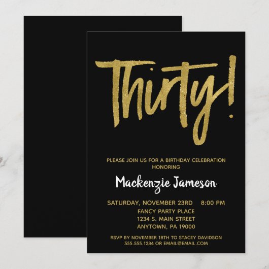 Black Gold Script 30th Birthday Party Invitation Kaart (Voorkant / Achterkant)