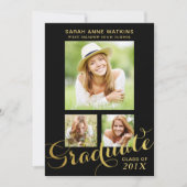 Black Gold Script 3-foto-Afstuderen Kaart (Voorkant)