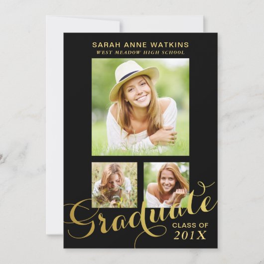 Black Gold Script 3-foto-Afstuderen Kaart (Voorkant)