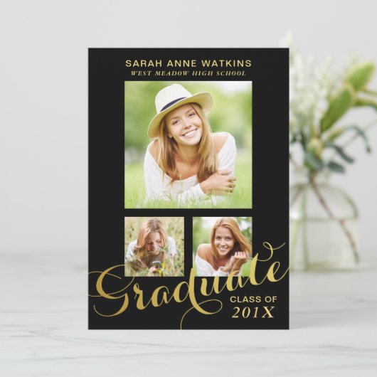 Black Gold Script 3-foto-Afstuderen Kaart (Staand voorkant)