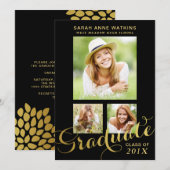 Black Gold Script 3-foto-Afstuderen Kaart (Voorkant / Achterkant)