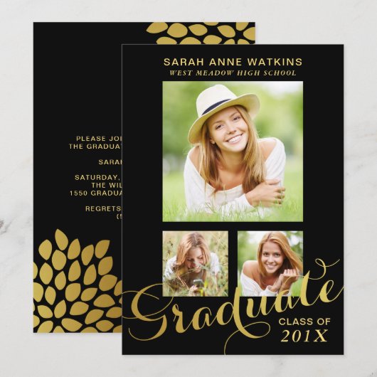 Black Gold Script 3-foto-Afstuderen Kaart (Voorkant / Achterkant)