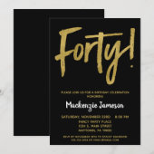 Black Gold Script 40th Birthday Party Invitation Kaart (Voorkant / Achterkant)