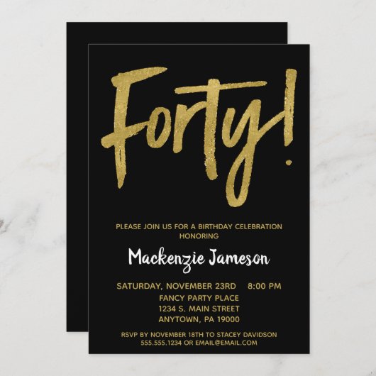 Black Gold Script 40th Birthday Party Invitation Kaart (Voorkant / Achterkant)