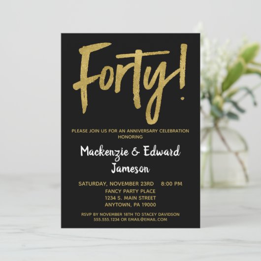 Black Gold Script 40th Jubileum-uitnodiging Kaart (Staand voorkant)