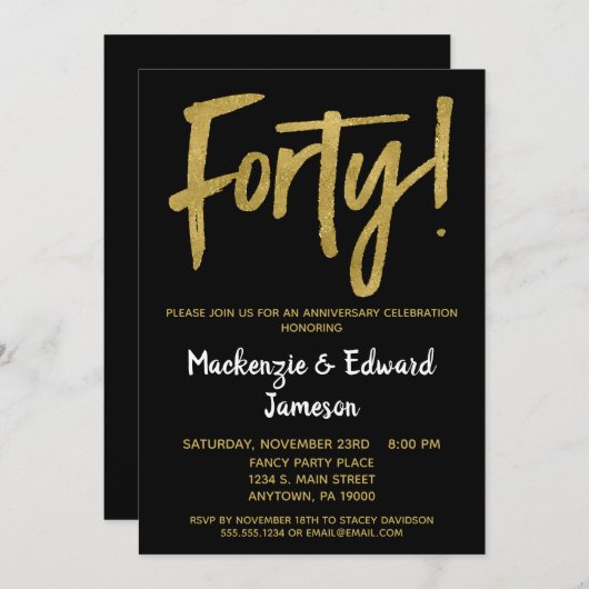 Black Gold Script 40th Jubileum-uitnodiging Kaart (Voorkant / Achterkant)