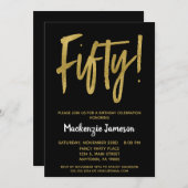 Black Gold Script 50th Birthday Party Invitation Kaart (Voorkant / Achterkant)